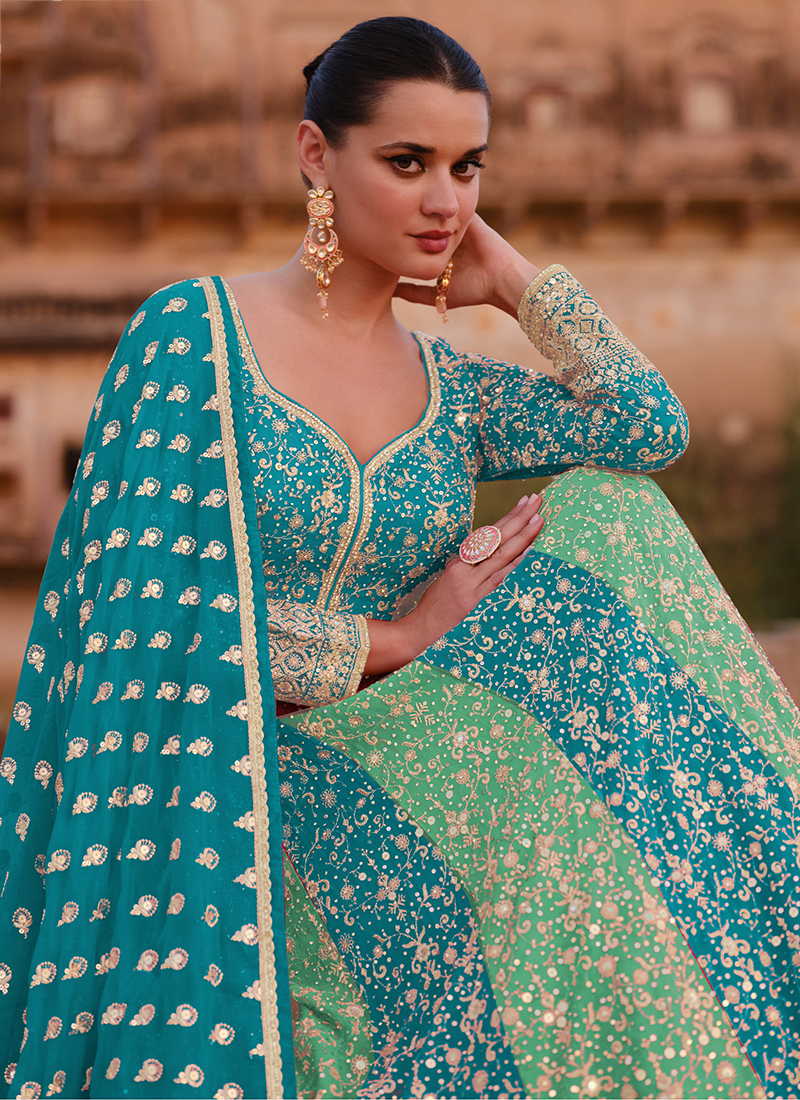 Teal Party Wear Readymade Gown With Dupatta In Embroidery Work main image 1